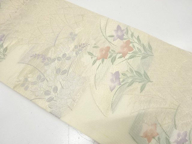 絽　秋草模様織り出し　名古屋帯